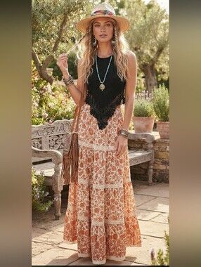 Black Floral Crochet Halter Top, Boho Festival, Open Back, Size S